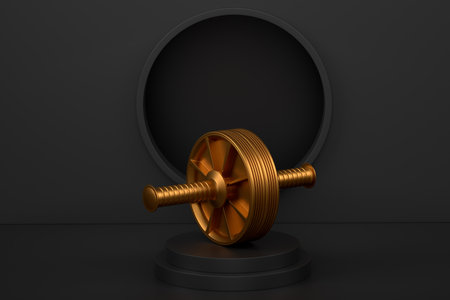 AB roller for abdominal muscles on cylinder podium with steps on monochrome background. 3d render of display product like sport accessories for team playingの写真素材