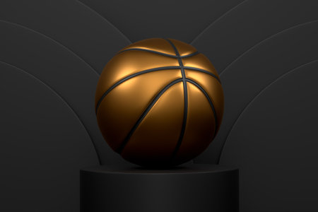 Basketball ball on cylinder podium with steps on monochrome background. 3d render of display product like sport accessories for team playingの写真素材