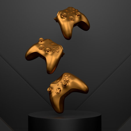 Set of video game joystick on cylinder podium with steps on monochrome background. 3d render of display product like streaming gear for cloud gaming and gamer workspace conceptの写真素材