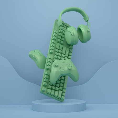 Set of video game joystick, keyboard and headphones on podium with steps on monochrome background. 3d render of display product like streaming gear for cloud gaming and gamer workspace conceptの写真素材