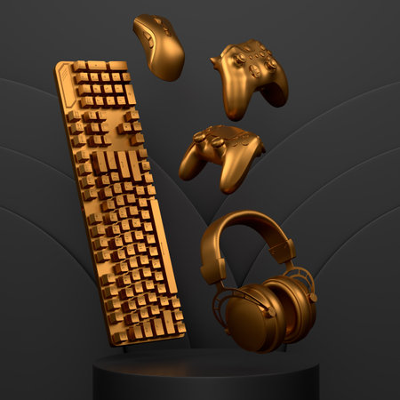 Set of video game joystick, keyboard, mouse and headphones on cylinder podium on monochrome...