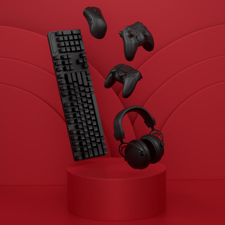 Set of video game joystick, keyboard, mouse and headphones on cylinder podium on monochrome...
