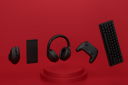 Set of video game joystick, phone and headphones on cylinder podium on monochrome background. 3d...