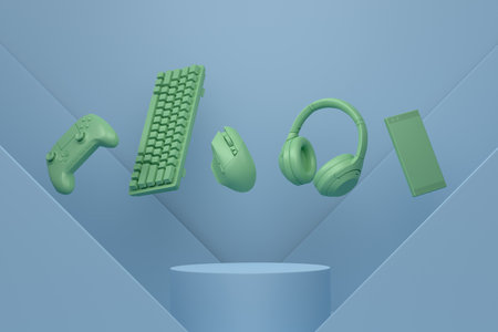 Set of video game joystick, keyboard and headphones on cylinder podium on monochrome background. 3d...