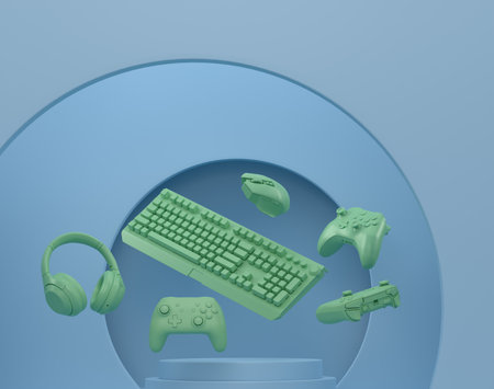 Set of video game joystick, keyboard and headphones on cylinder podium on monochrome background. 3d render of display product like streaming gear for cloud gaming and gamer workspaceの写真素材