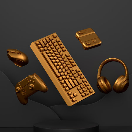 Set of video game joystick, keyboard and headphones on cylinder podium on monochrome background. 3d render of display product like streaming gear for cloud gaming and gamer workspaceの写真素材