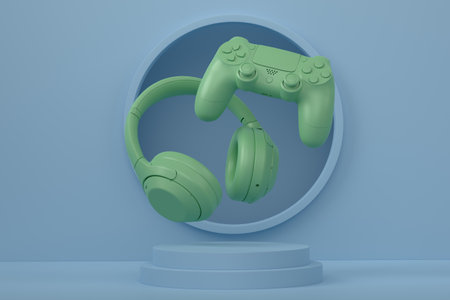 Set of video game joystick and headphones on cylinder podium on monochrome background. 3d render of...