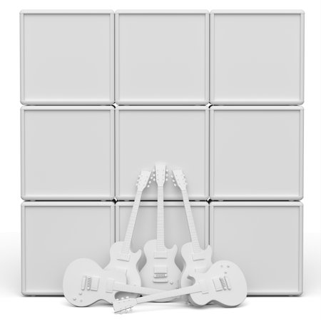 Set of electric acoustic guitar and amplifier on monochrome background. 3d render of concept for rock festival poster with heavy metal guitar for music shopの写真素材