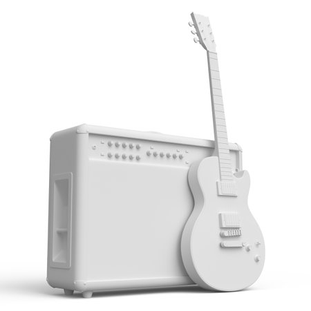 Classical amplifier with electric or acoustic guitar isolated on monochrome background. 3d render of amplifier for recording bass guitar in studio or rehearsal room, concept for rock festival posteの写真素材