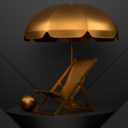 Beach rings, chair and umbrellas on podium or pedestal on monochrome background. 3d render of display product like summer accessories and vacation conceptの写真素材