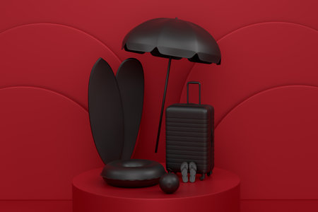 Beach surf, chair, umbrellas and lugagge on podium or pedestal on monochrome background. 3d render of display product like summer accessories and vacation conceptの写真素材