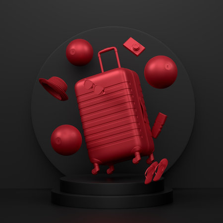 Luggage with beach accessories on podium or pedestal on monochrome background. 3d render of display product like summer accessories and vacation conceptの写真素材
