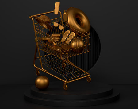Beach accessories like flip flops, umbrella and hat on monochrome background. 3d render of display product like summer accessories and vacation conceptの写真素材