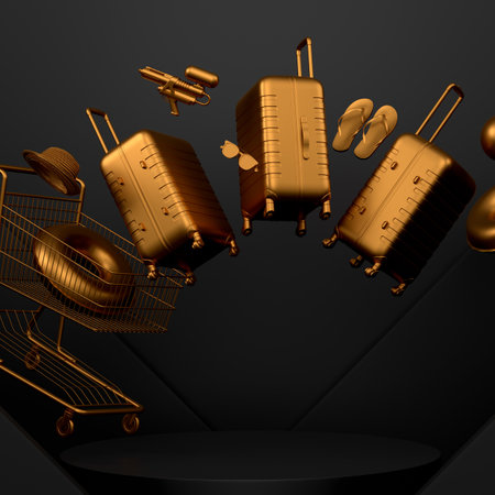 Luggage with beach accessories on podium or pedestal on monochrome background. 3d render of display product like summer accessories and vacation conceptの写真素材