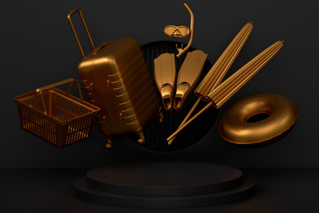 Beach surf, chair, umbrellas and lugagge on podium or pedestal on monochrome background. 3d render...