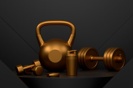 Sport equipment for fitness on podium or pedestal on monochrome background. 3d render of display product like gym equipment and accessoriesの写真素材