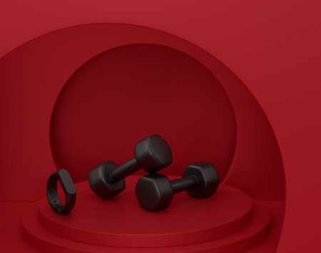 Sport equipment for fitness on podium or pedestal on monochrome background. 3d render of display product like gym equipment and accessoriesの写真素材