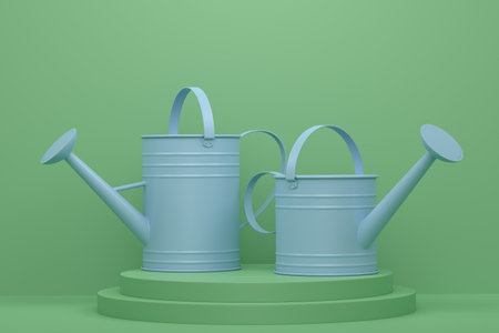 Garden equipment and supply on podium or pedestal on monochrome background. 3d render of display product like farm equipment and accessoriesの写真素材