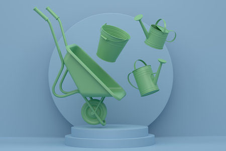 Garden equipment and supply on podium or pedestal on monochrome background. 3d render of display product like farm equipment and accessoriesの写真素材