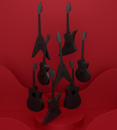 Acoustic guitars and drums with cymbals on podium or pedestal on monochrome background. 3d render of display product like musical percussion instrumentの写真素材