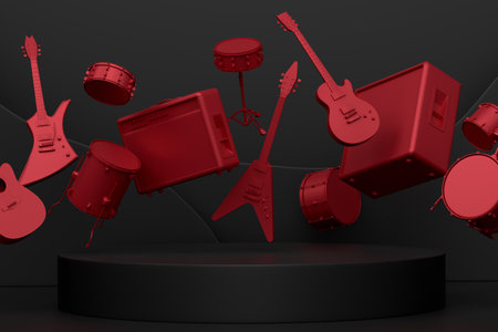Acoustic guitars and drums with cymbals on podium or pedestal on monochrome background. 3d render of display product like musical percussion instrumentの写真素材