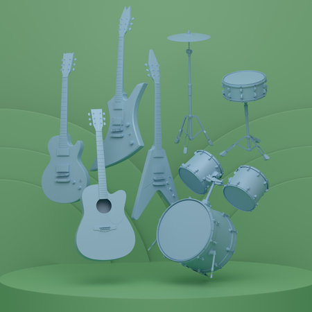 Acoustic guitars and drums with cymbals on podium or pedestal on monochrome background. 3d render of...