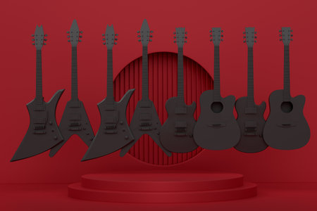 Acoustic guitars and drums with cymbals on podium or pedestal on monochrome background. 3d render of display product like musical percussion instrumentの写真素材
