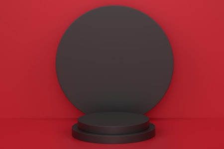 Pastel black cylinder podium with steps on red background. 3d render of abstract realistic geometric pedestal or platform on backdrop for product display presentation. Minimal scene.の写真素材