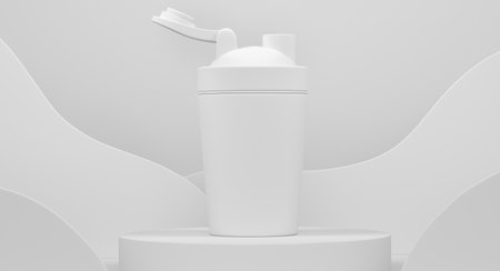Plastic sport shaker on cylinder podium with steps on monochrome background. 3d render of display product like sport accessories for team playingの写真素材