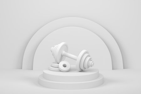 Dumbbell with metal disks on cylinder podium with steps on monochrome background. 3d render of display product like sport accessories for team playingの写真素材