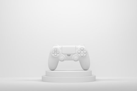 Video game joystick on cylinder podium with steps on monochrome background. 3d render of display product like streaming gear for cloud gaming and gamer workspace conceptの写真素材