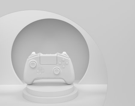Video game joystick on cylinder podium with steps on monochrome background. 3d render of display product like streaming gear for cloud gaming and gamer workspace conceptの写真素材