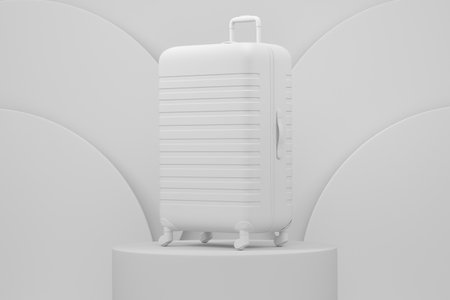 Polycarbonate suitcase on cylinder podium with steps on monochrome background. 3d render of display product like beach accessories and summertime conceptの写真素材