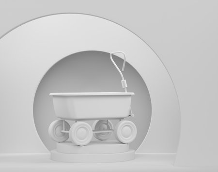 Garden wheelbarrow with garden tools on cylinder podium with steps on monochrome background. 3d render of display gardening equipment tools for farm and harvestingの写真素材
