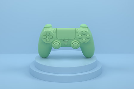 Video game joystick on cylinder podium with steps on monochrome background. 3d render of display...