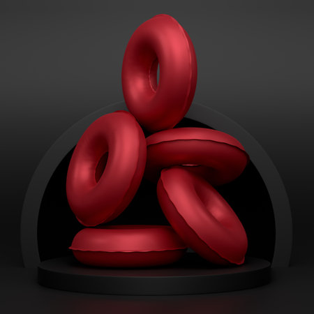 Inflatable rings and beach ball on podium or pedestal on monochrome background. 3d render of display product like summer accessories and vacation conceptの写真素材