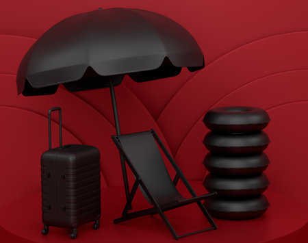 Beach rings, chair, umbrellas and lugagge on podium or pedestal on monochrome background. 3d render of display product like summer accessories and vacation conceptの写真素材
