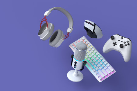 Top view gamer gears like mouse, keyboard, joystick, headphones and microphone on violet background....