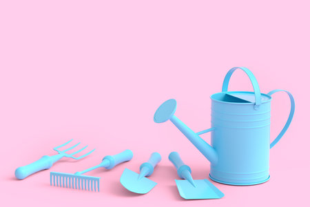 Watering can with garden tools like shovel, rake and fork on monochrome background. 3d render concept of horticulture and farming suppliesの写真素材