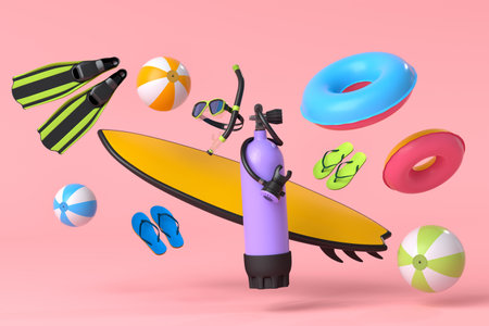 Colorful surfboard, beach ring, umbrellas and scuba mask on blue background. 3D render of summer vacation concept and holidaysの写真素材