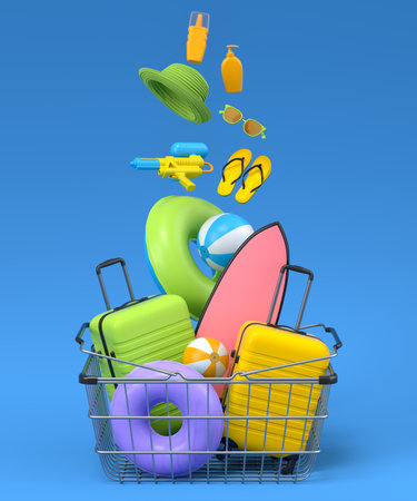 Colorful luggage with beach accessories and shopping basket flying on blue background. 3D render of summer vacation concept and holidaysの写真素材