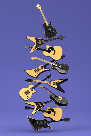 Set of electric acoustic guitars isolated on purple background. 3d render of concept for rock festival poster with heavy metal guitar for music shopの写真素材
