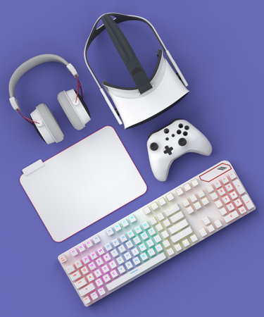 Top view gamer gears like mouse, keyboard, joystick, headphones and VR glasses on violet background....