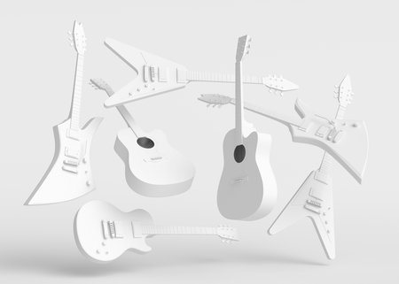 Set of electric acoustic guitars isolated on monochrome background. 3d render of concept for rock festival poster with heavy metal guitar for music shopの写真素材