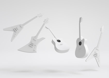 Set of electric acoustic guitars isolated on monochrome background. 3d render of concept for rock festival poster with heavy metal guitar for music shopの写真素材