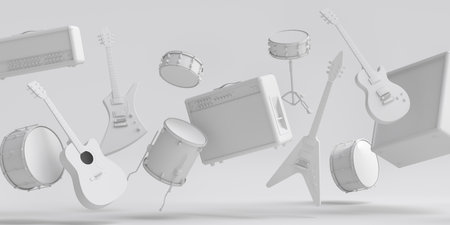 Set of electric acoustic guitars, amplifiers and drums with metal cymbals on monochrome background. 3d render of musical percussion instrument, drum machine and drumset with heavy metal guitarの写真素材