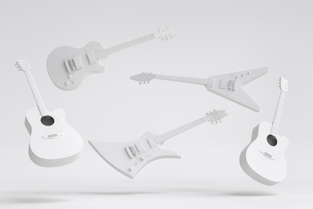 Set of electric acoustic guitars isolated on monochrome background. 3d render of concept for rock festival poster with heavy metal guitar for music shopの写真素材