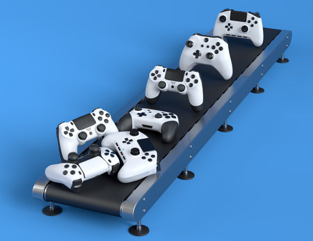 Set of gamer joysticks or gamepads on factory line on blue background. 3d render concept of sale,...
