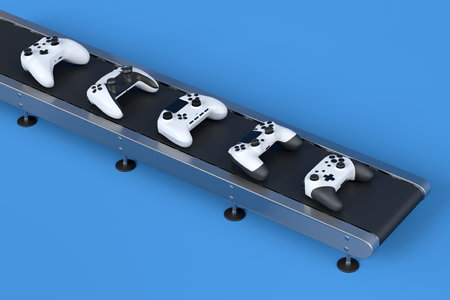 Set of gamer joysticks or gamepads on factory line on blue background. 3d render concept of sale,...