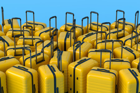Colorful suitcase or baggage on blue background. 3D render of summer vacation concept and holidays